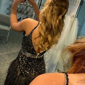 Black/tan feathered bottom formal dress